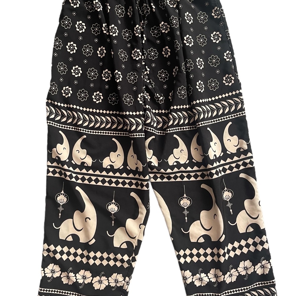 Elephant Print Wide Leg Pants - Black and Cream